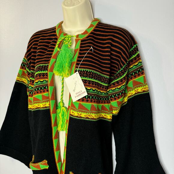 Helen Sue Vtg 70s Southwest Motifs Print Cardigan Tassel Tie Closure Bohemian - Picture 4 of 14